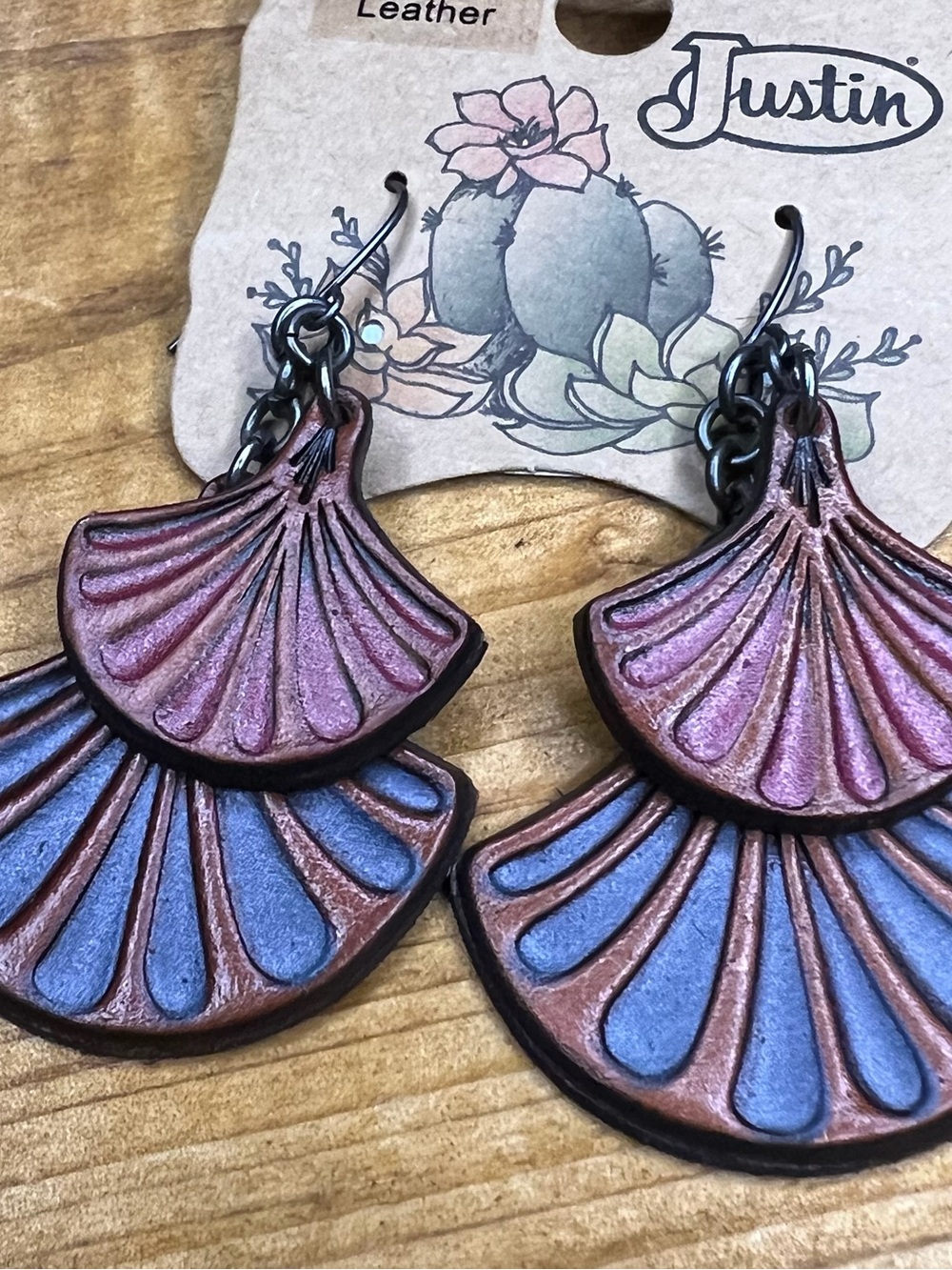 Justin Boots Metallic Pink and Blue Layered Fan Leather Earrings